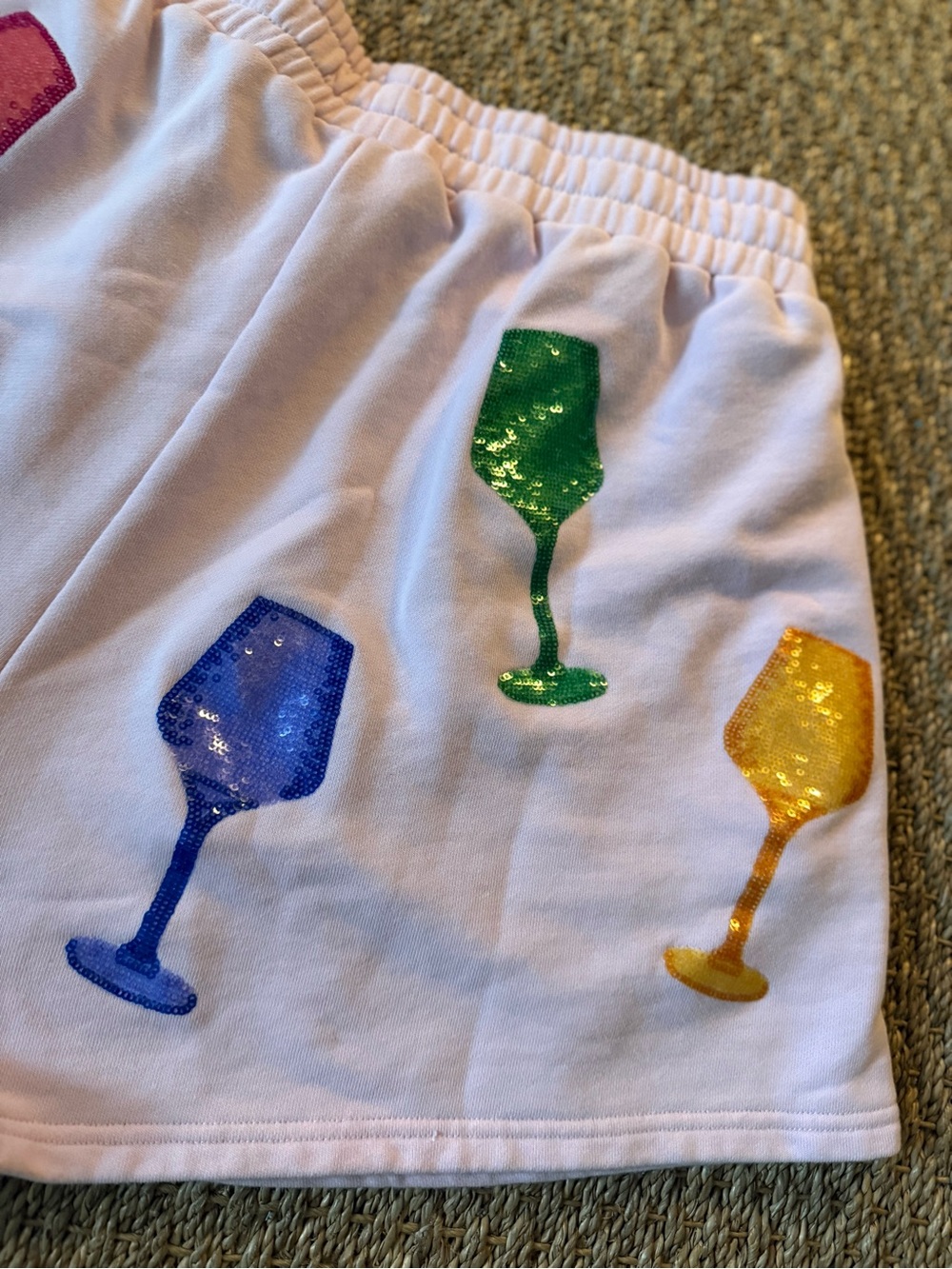 QUEEN OF SPARKLES Light Pink High-Waist Shorts w/Rainbow Sequin Wine Glasses - Picture 7 of 8